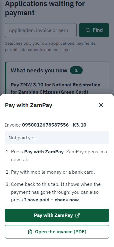 Pay with ZamPay (375 px phone)