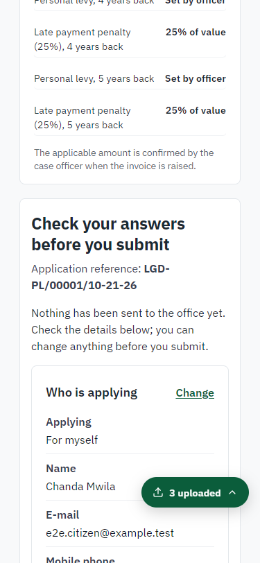 Check the answers and confirm the declaration (375 px phone)