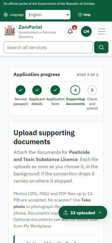 Upload the supporting documents (375 px phone)