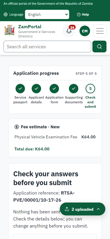 Check the answers and confirm the declaration (375 px phone)