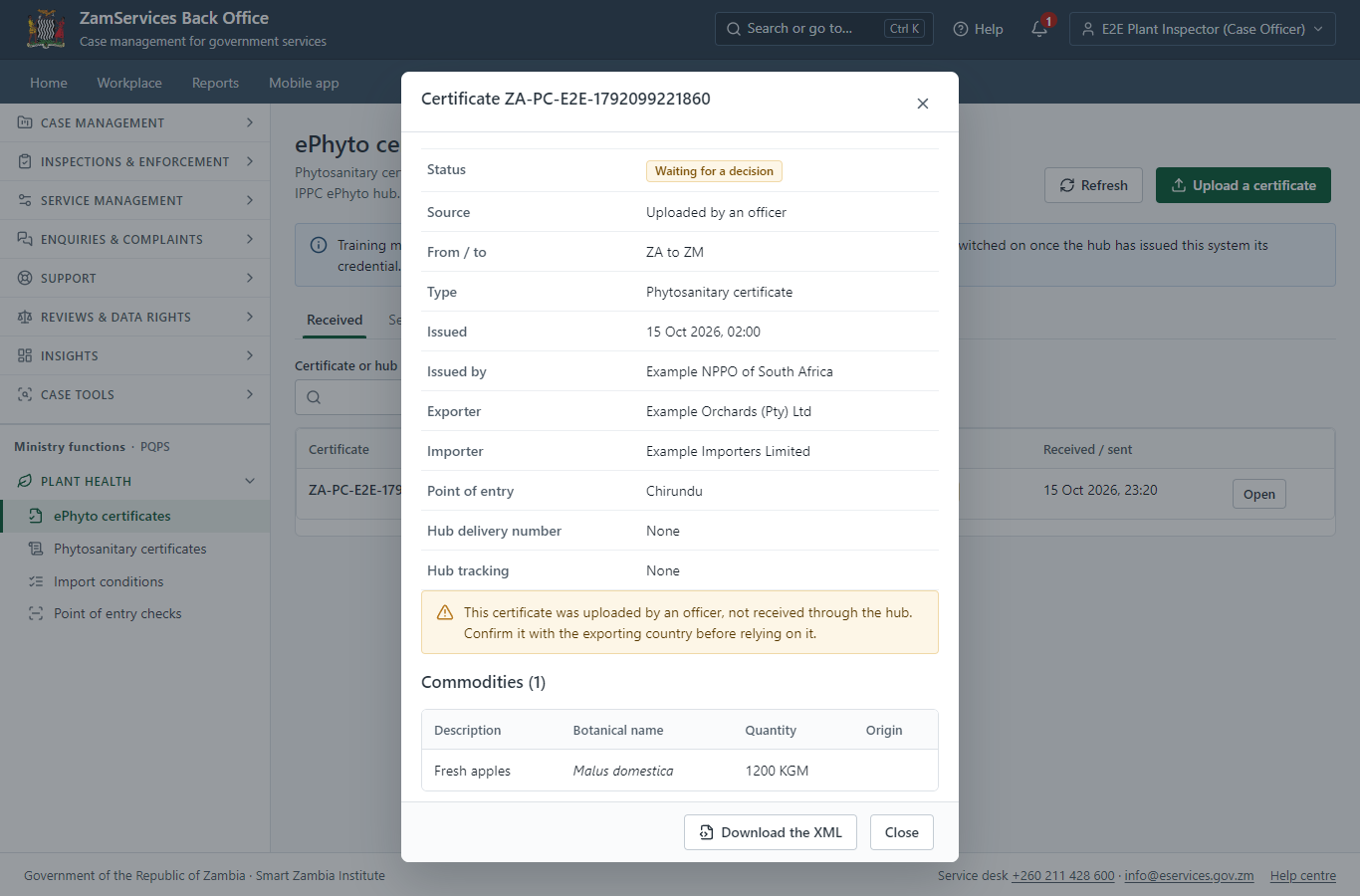Receive an ePhyto at the point of entry (desktop)
