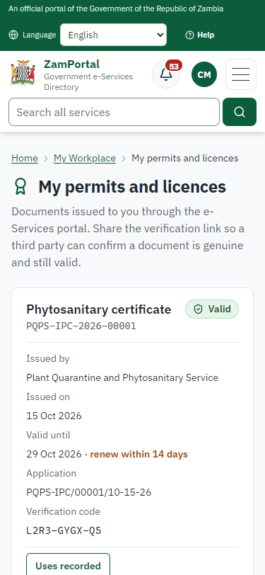 The certificate in My permits (375 px phone)