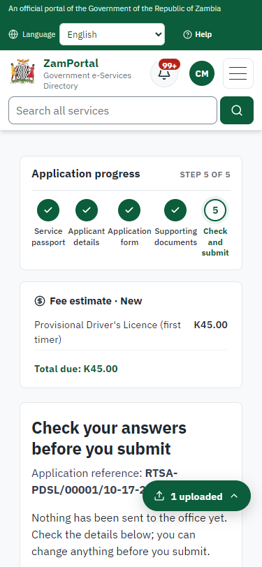Check the answers and confirm the declaration (375 px phone)