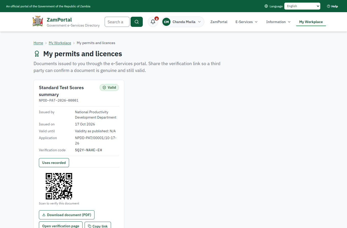 The document in My permits (desktop)