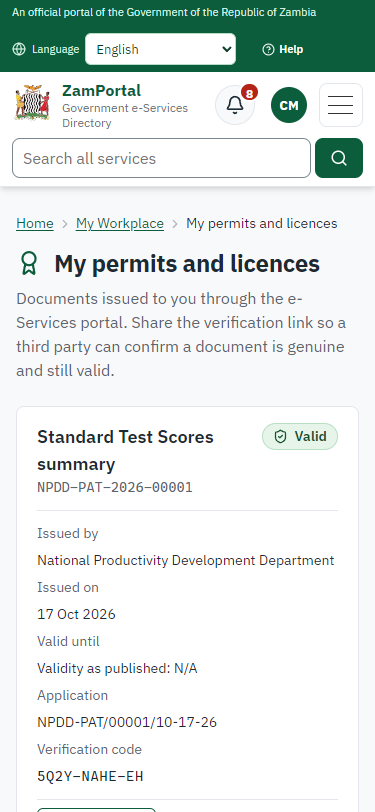 The document in My permits (375 px phone)
