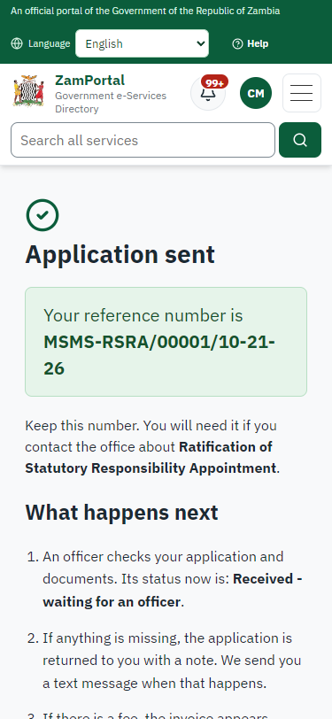 Application sent (375 px phone)