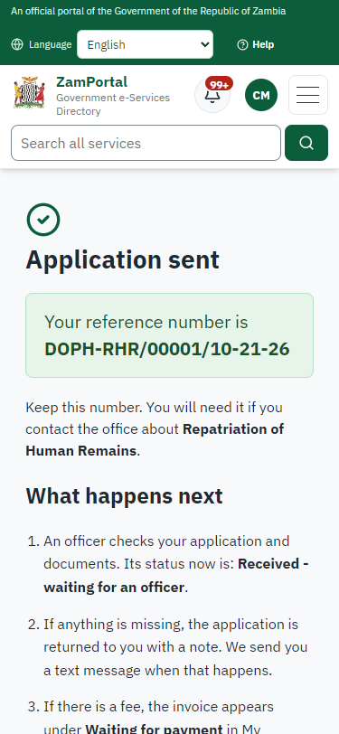 Application sent (375 px phone)