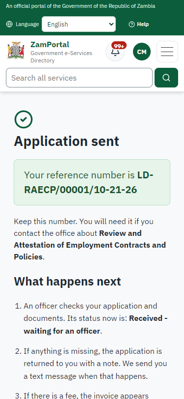 Application sent (375 px phone)