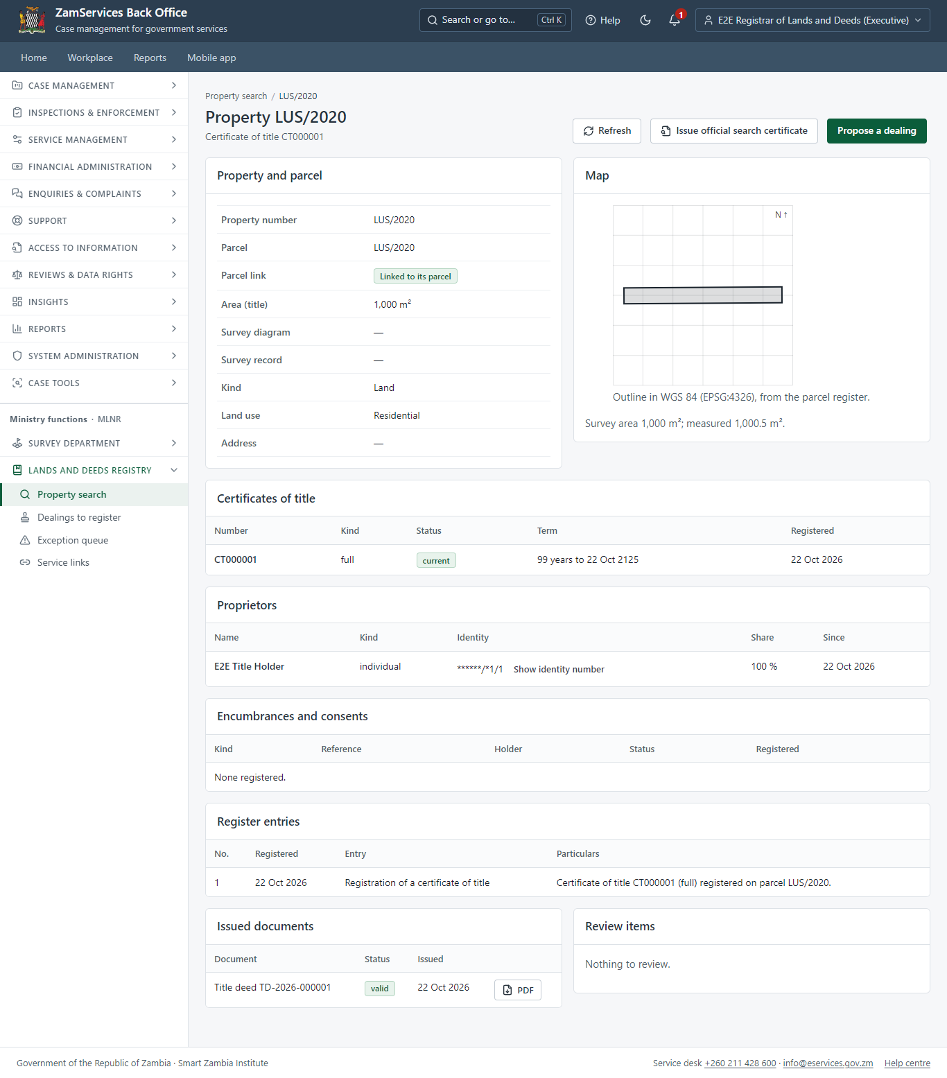 The property folio after registration (desktop)