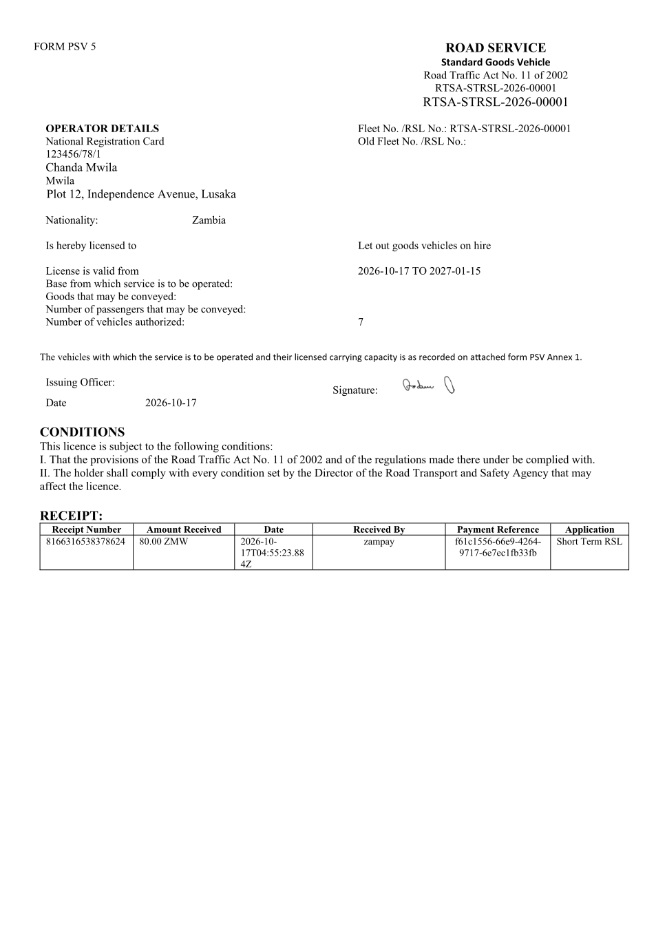 Short-Term Road Service Licence (sealed PDF)