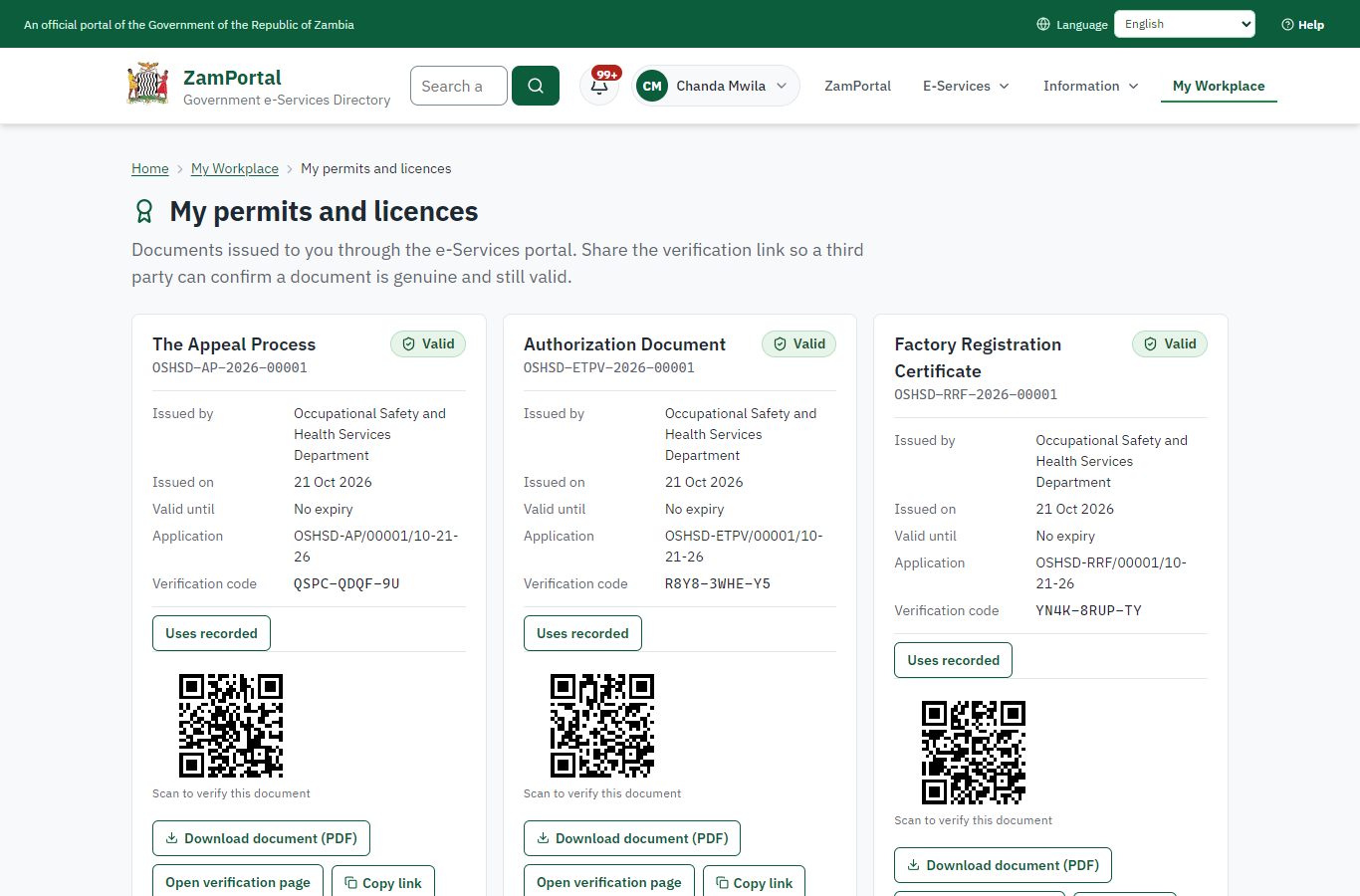 The document in My permits (desktop)