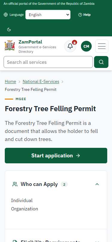 Start the felling application, with its map (375 px phone)