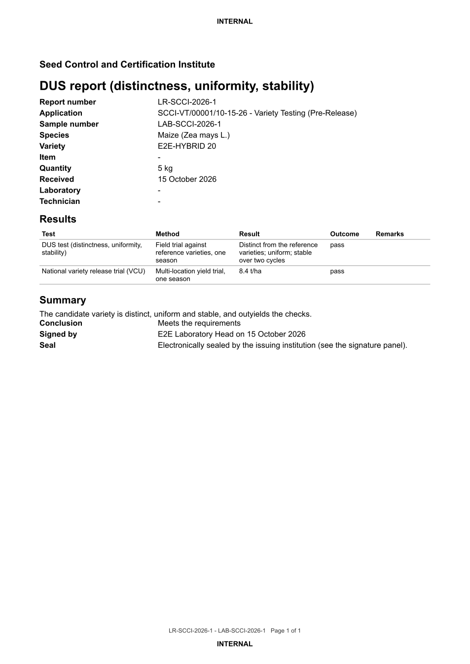 DUS report LR-SCCI-2026-1 (laboratory report, PDF)