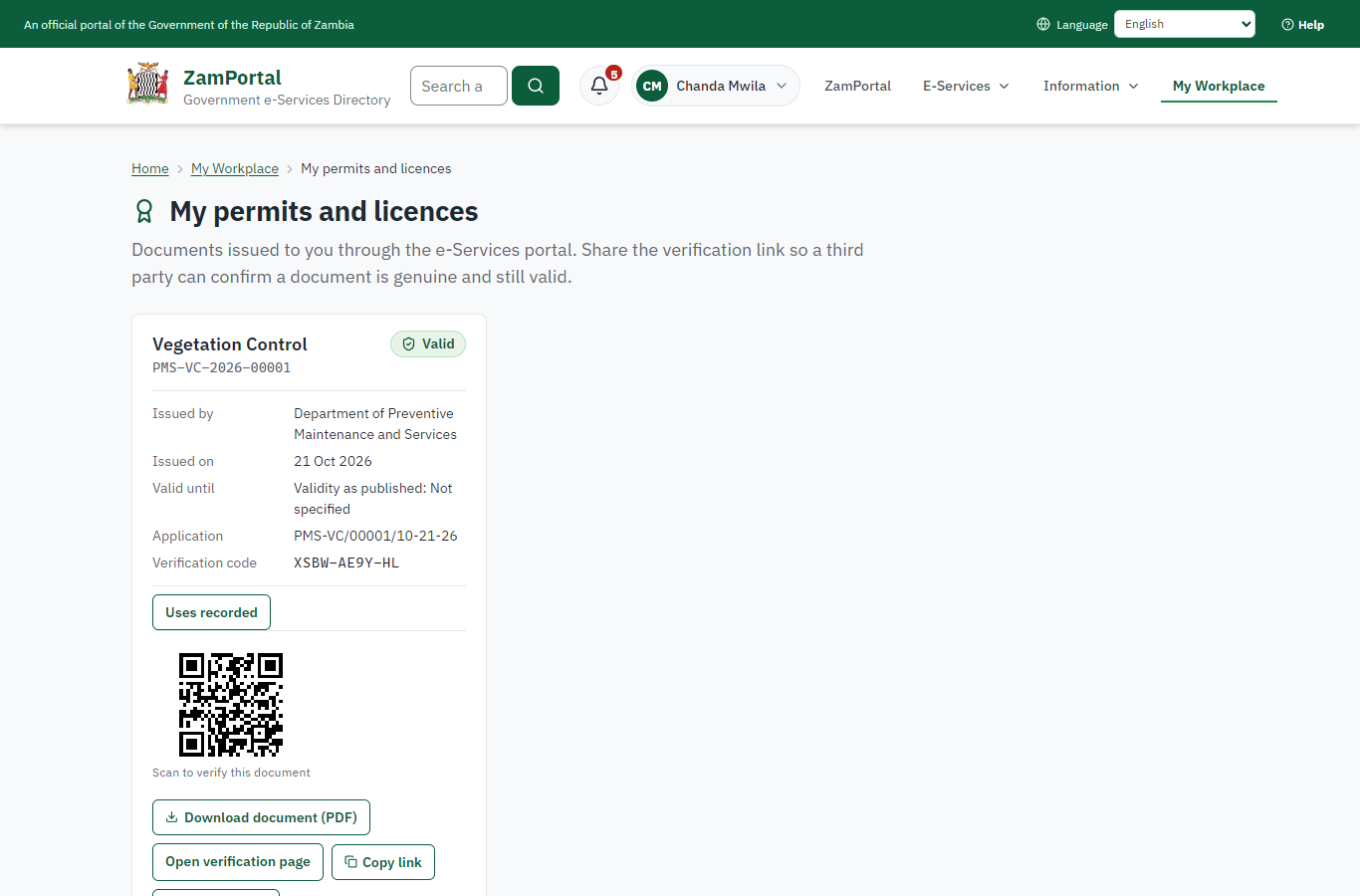 The document in My permits (desktop)