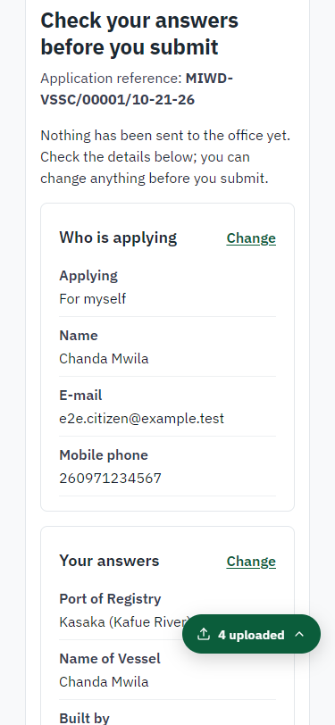 Check the answers and confirm the declaration (375 px phone)