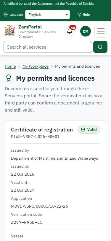 The certificate in My permits (375 px phone)