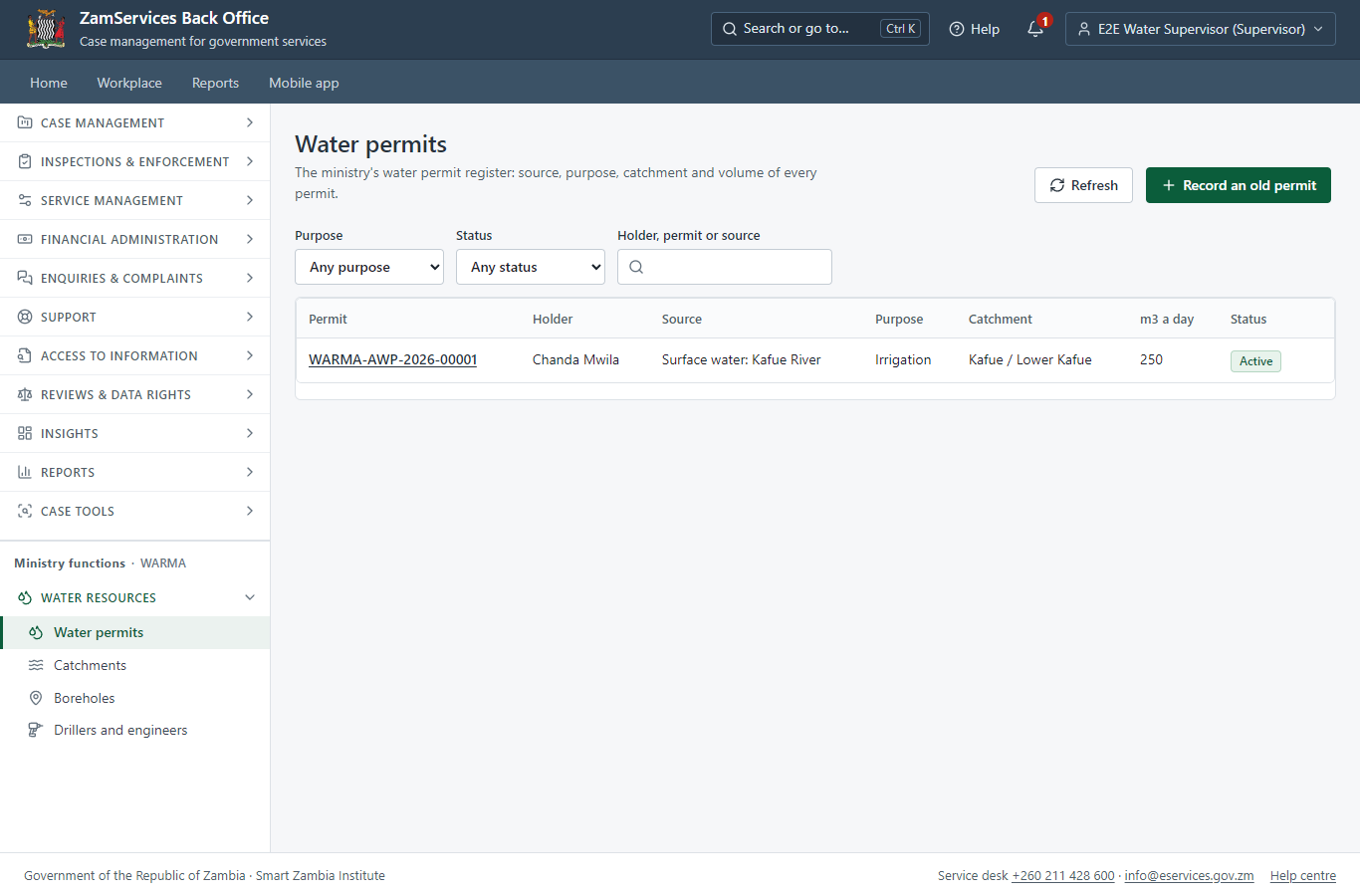 The permit in the water permit register (desktop)